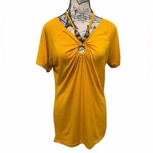 Lena Boho Chic Fashion Brass Tone Beaded Neck Tie Ruched Blouse size M